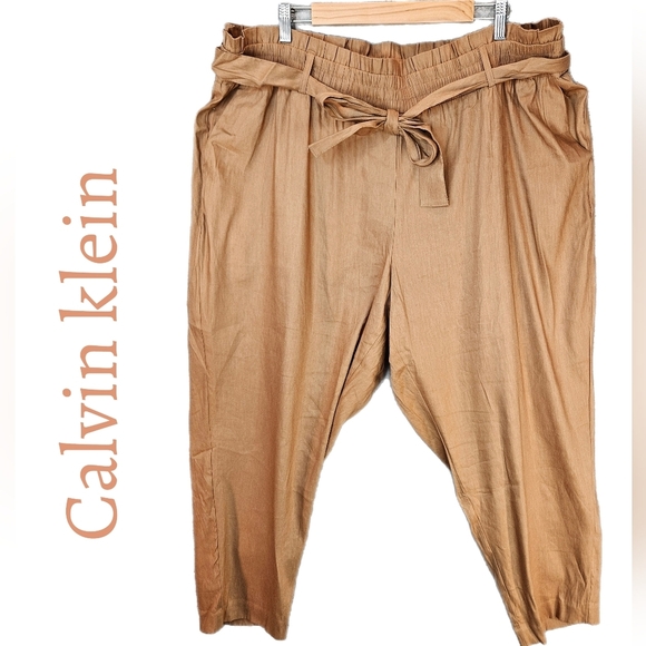 Calvin klein Womens Nutmeg Linen Blend Pull On Elastic Waist Pants Sz 3X - Picture 1 of 13